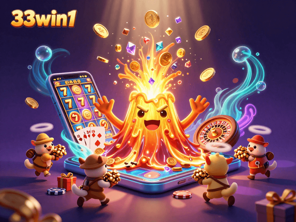 Experience the thrilling adventure of 33win1 with a vibrant casino scene filled with treasures.