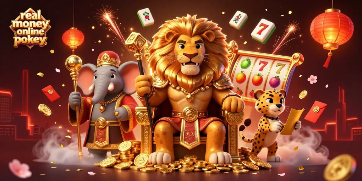 Spin the reels of real money online pokies with a fierce lion king and vibrant casino elements!