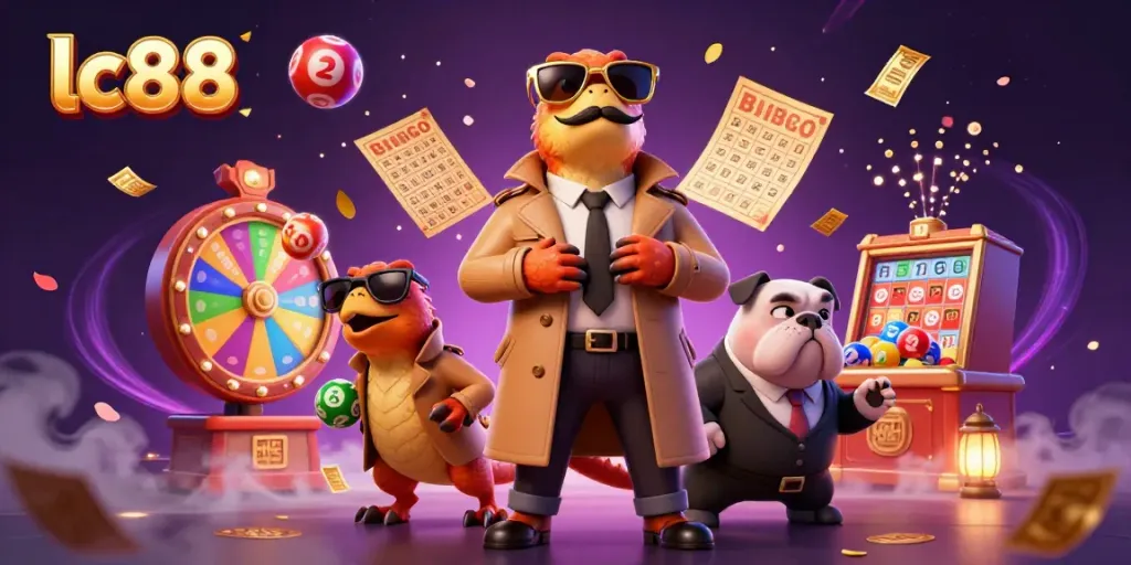 Experience lc88's thrilling casino atmosphere with raptors disguised as a player and vibrant game elements.