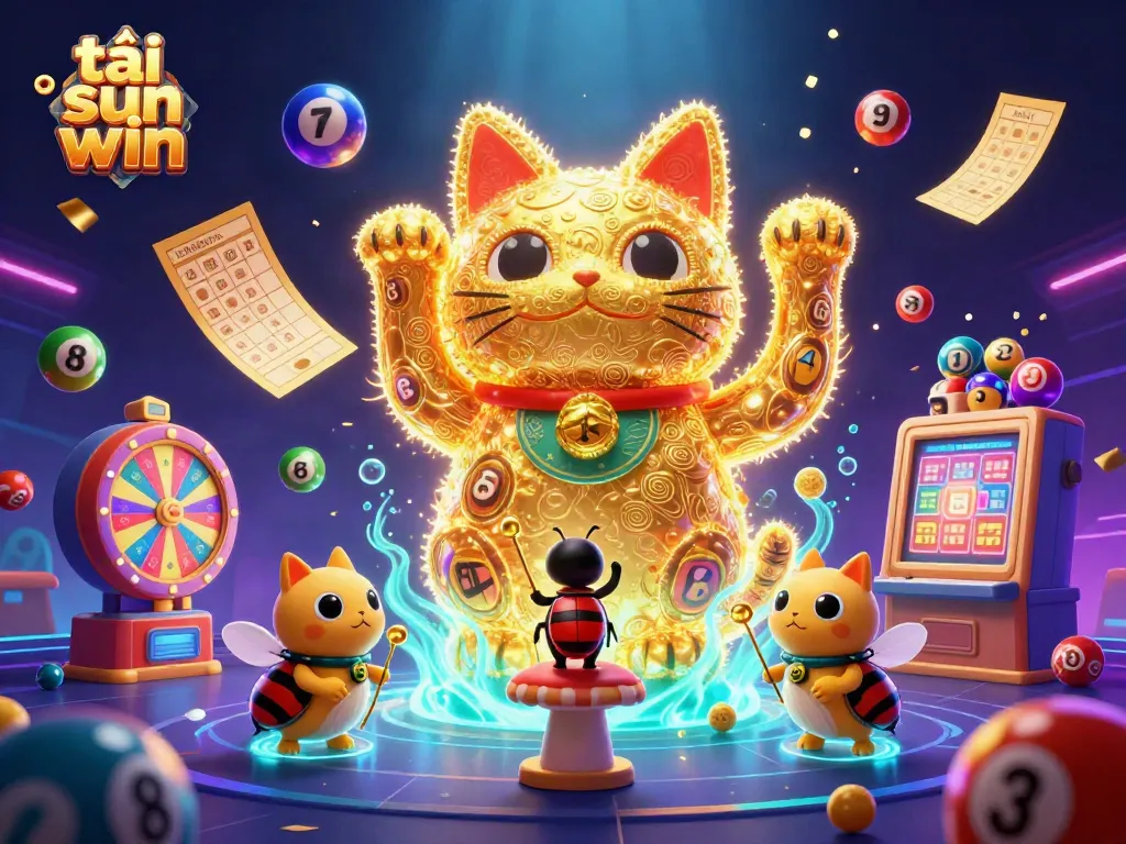 Bet and enjoy the fun with tải sun win depicted as colorful lottery and casino elements interacting.