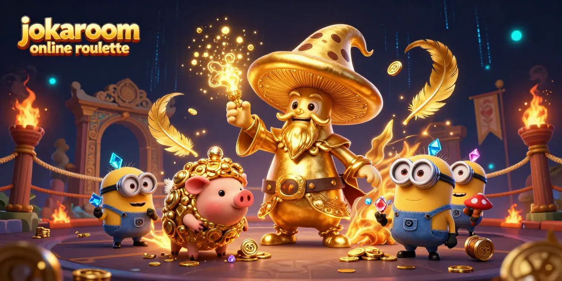 Engage with jokaroom online roulette in a vibrant 3D illustration featuring a magical mushroom wizard and treasure-hunting pig.