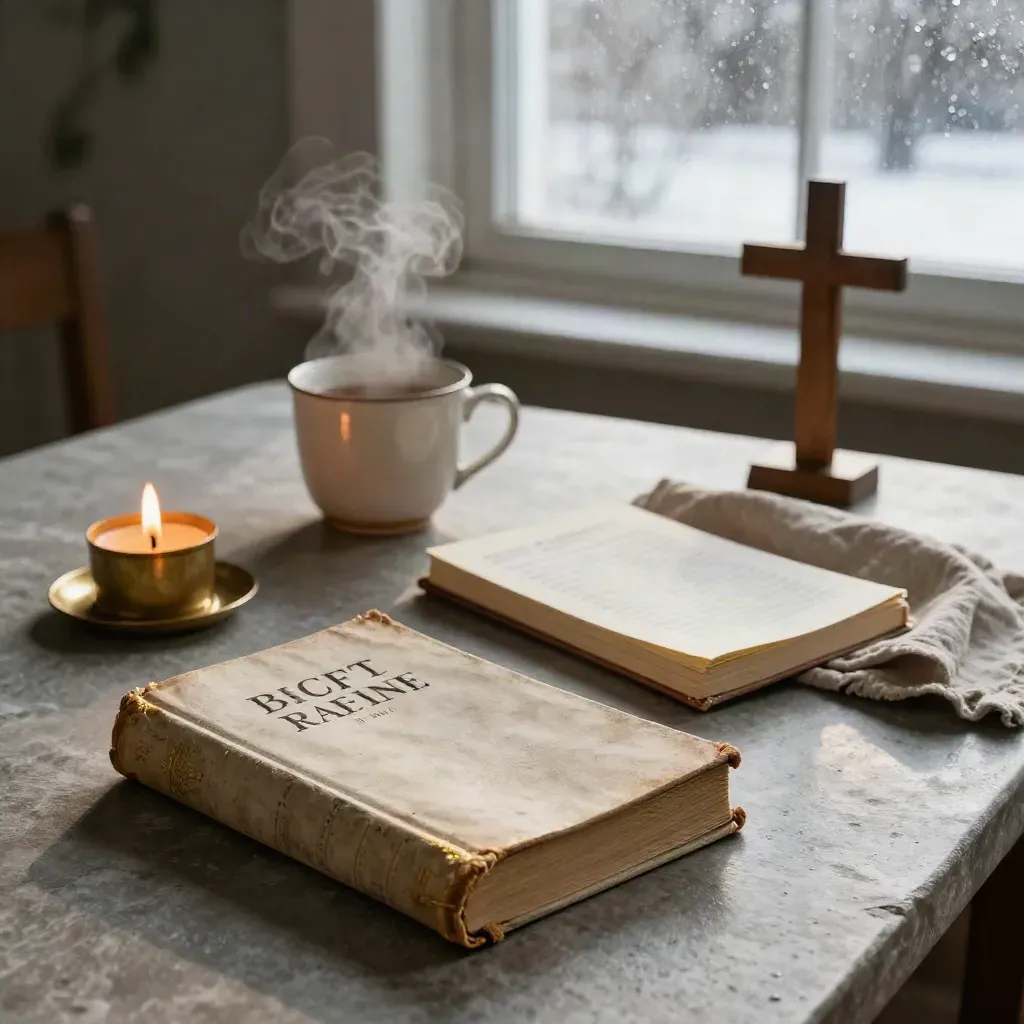 Sluten svensk bibel, tänd stearinljus, tekopp och träkors i varm gryningsljus.