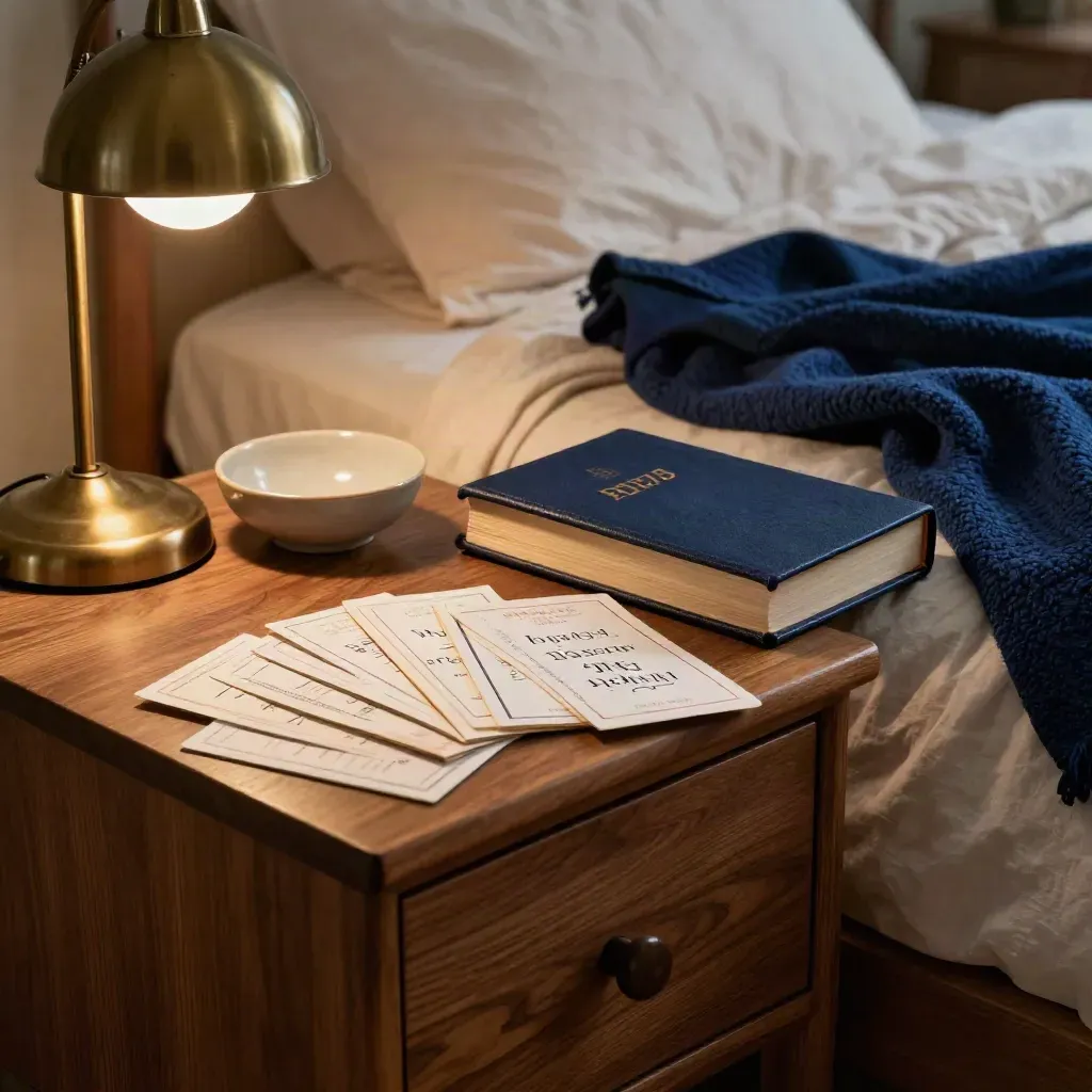 Bedside table med fem nedåtvända andaktskort, bibel, lampa och vikt filt i varm nattstillhet.
