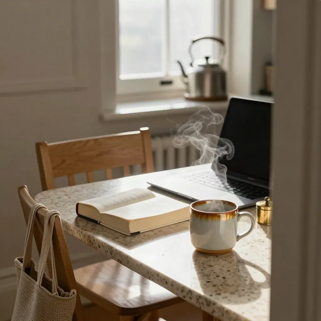 Stängd Bibel, nedfälld laptop och mugg vid köksbord i varmt ljus, med ånga från vattenkokaren.