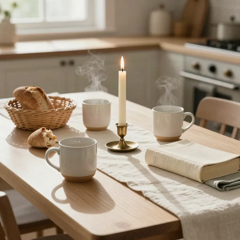 Tre muggar, brödkorg, stängd bibel och brinnande ljus på familjebordet.