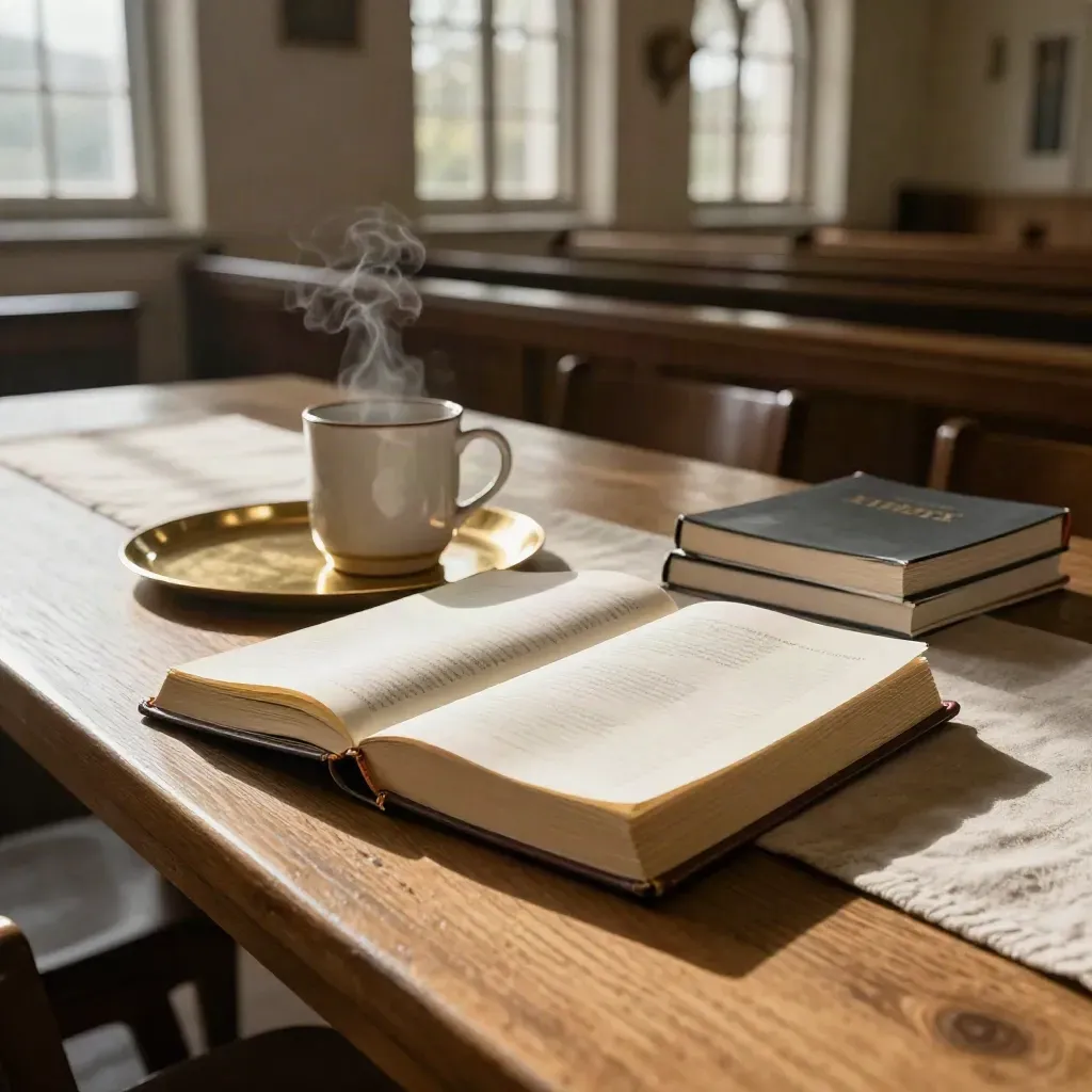 Bibelstudiematerial på kyrkobord i varmt eftermiddagsljus, med kopp och guldfärgade sidokanter.