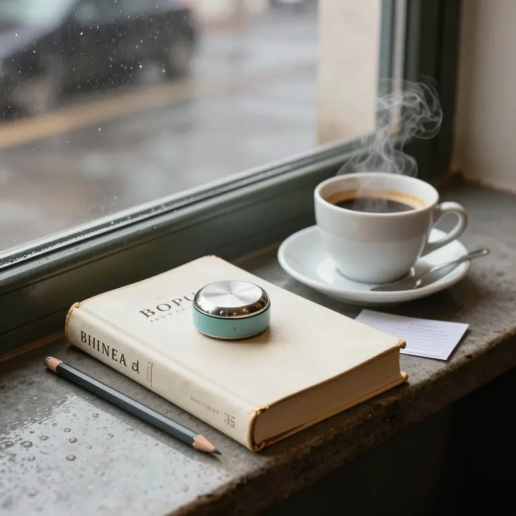 Stängd fickbibel, teklocka, pennstubbe och vikt notislapp vid ett caféfönster i regn