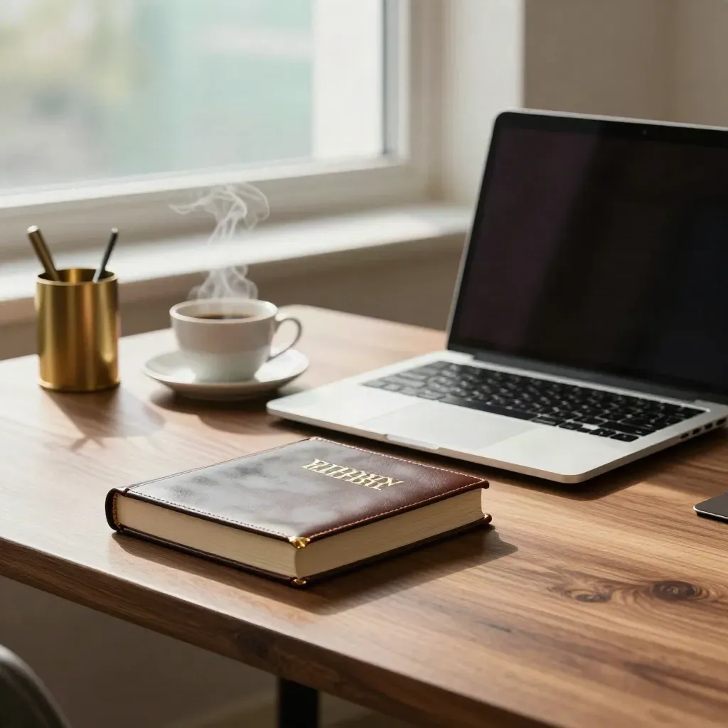 Bibel, avstängd laptop och kaffekopp på ett kontor i stilla bön före första mötet.