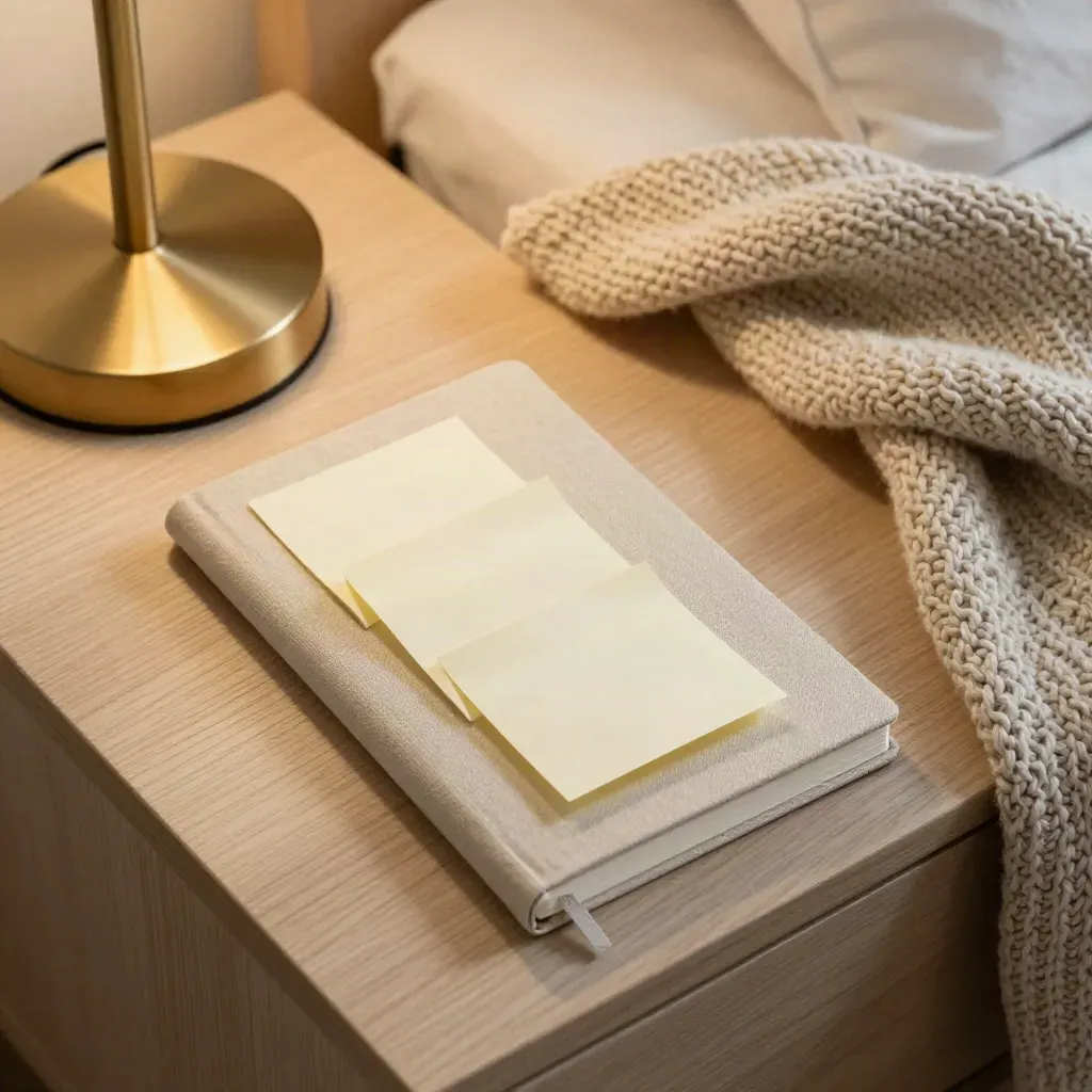 Notebook, tre vikta lappar, lampa och stickad pläd i varm kvällsljus.