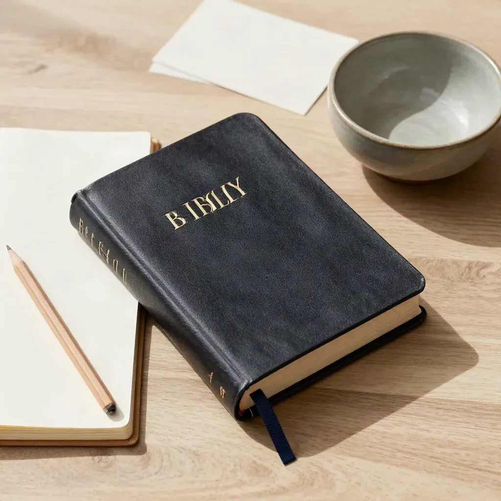 Överifrån: stängd studiebibel, anteckningsbok, penna och skål på ljus ek.