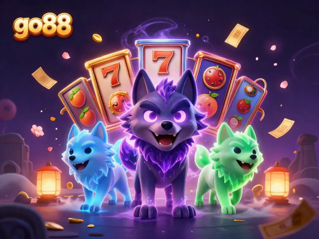 Experience the thrill of go 88 with vibrant slot reels and a mystical wolf pack in an engaging casino scene.