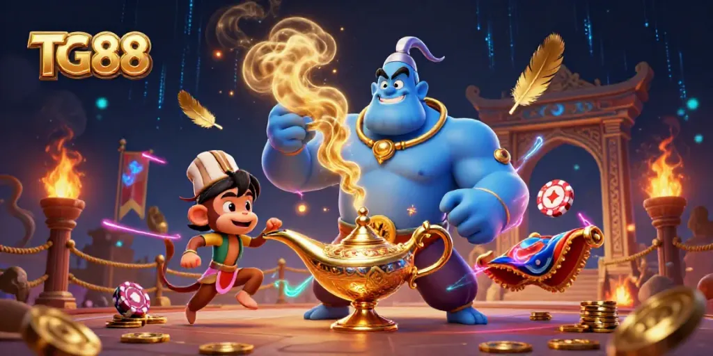 Experience the magic of TG88 with a vibrant scene featuring a genie, monkey, and poker chips amidst a rich casino world.
