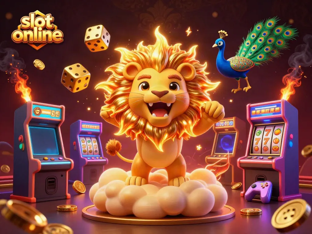 Experience the excitement of slot online games with this dynamic casino illustration featuring a roaring lion and vibrant game elements.