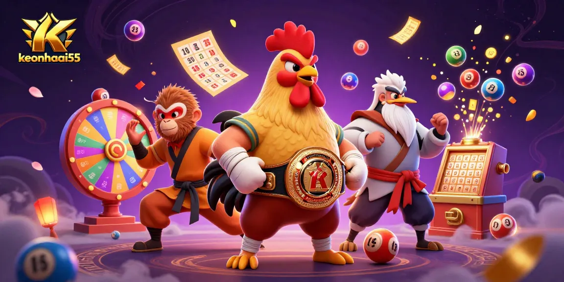 Engage with keonhacai55 through vibrant lottery and gaming elements in a dynamic 3D scene.